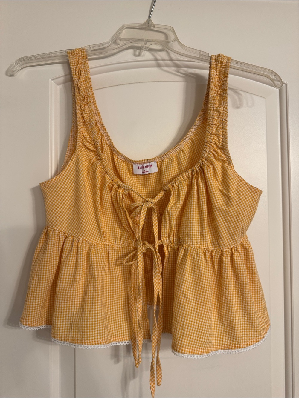 Yellow Gingham Tie-Front Crop Top with Peplum
